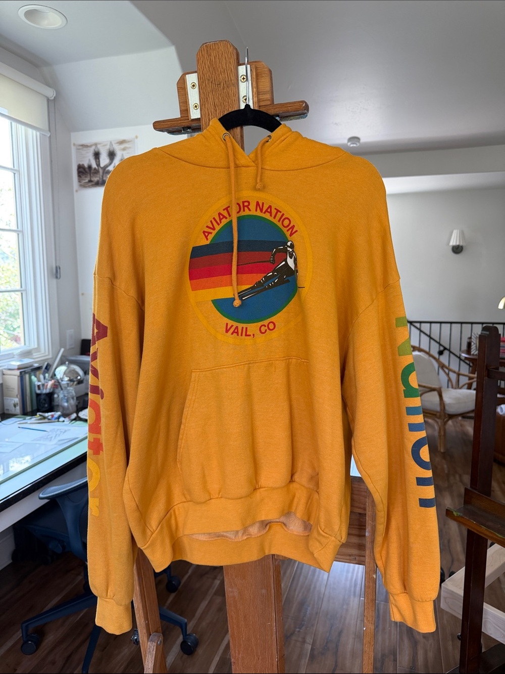 UNISEX Aviator Nation Vail Pullover Hoodie in Gold with Multicolor Graphic